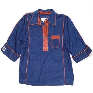 Vintage St Leger Navy Denim Tunic Top Brown Leather Trim Size 13 Hong Kong